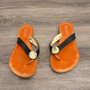 Report Savina Flip Flops sandals black leather with gold medallion 7 strappy